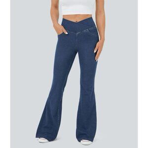 Halara Jeans Flex High Waisted Crossover Pocket Flare Leg Blue Size XL